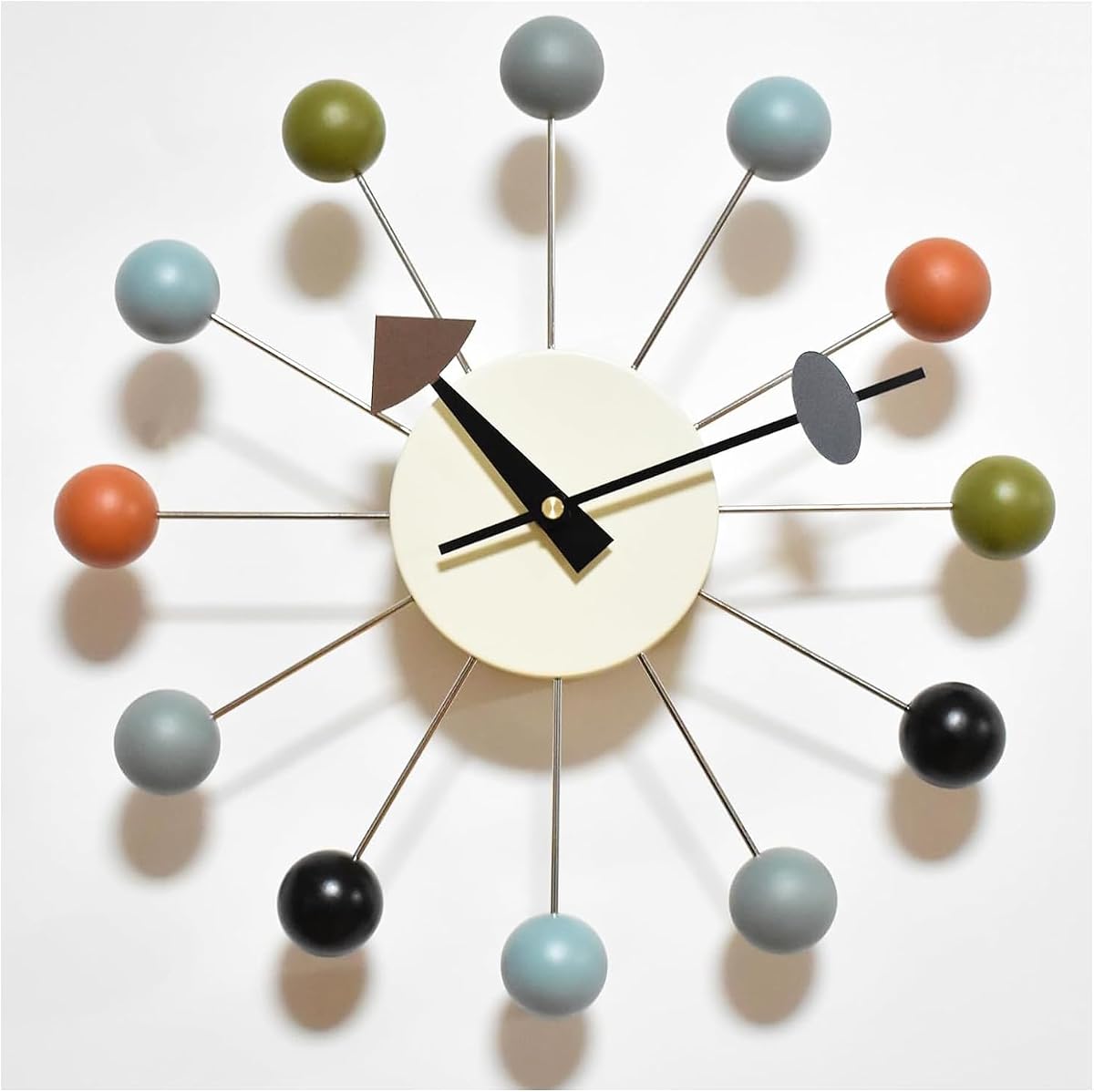 Wood Ball Wall Clock 13 Inch, Mid Century Modern | Battery Operated, Silent Non-Ticking, POP Color, Metal Frame, Decor for Living Room, Office, Kitchen