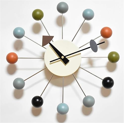 Reloj de pared de bola de madera de mediados de siglo, moderno, silencioso, sin tictac, funciona con pilas, 13 pulgadas, decorativo, color pop,