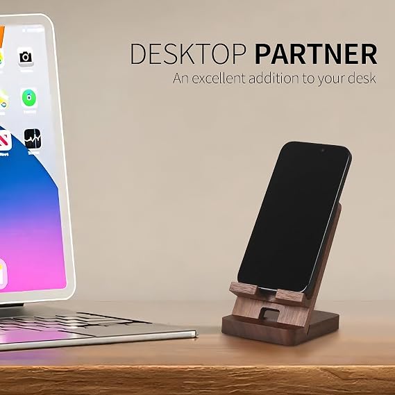 Wood Phone Stand with Mirror, Desktop Wooden Phone Holder, Portable Office Phone Stand for Desk, Wood ipad Stand, Compatible with iPhone & All Cell Phones (Walnut)