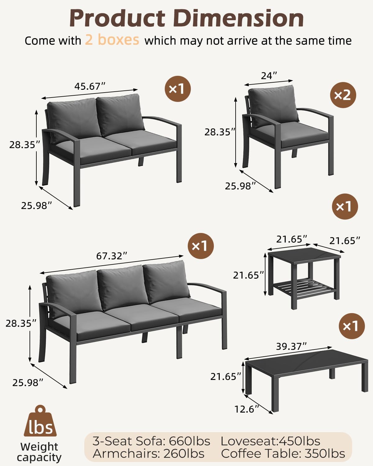 U-MAX Metal Outdoor Patio Furniture Set with Waterproof Cover, 6 Pieces Outdoor Conversation Set with Coffee Table&Side Table, Outdoor Couch Sofa Modern with Dark Grey Cushions for Lawn, Backyard