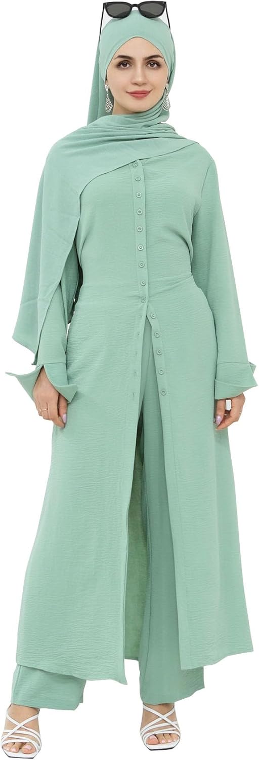 Abaya Dress for Women Muslim Modest Prayer Clothes 2pcs Dubai Cool Suit Arabic Daily Comfort Outfits(Long Top+Pants)