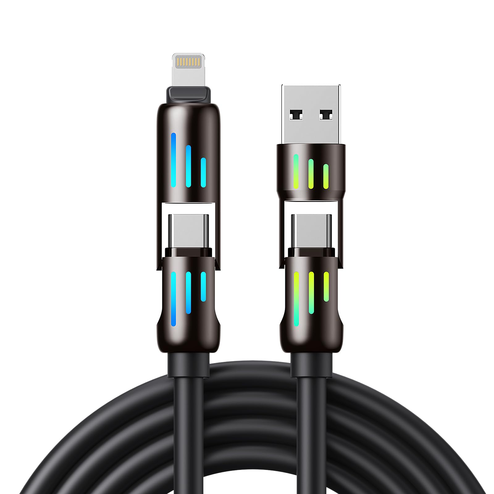Cavo Multi Ricarica 4 In 1 240W (1,2m) Con LED RGB, Da USB-A/USB-C A Lightning/USB-C, Nero