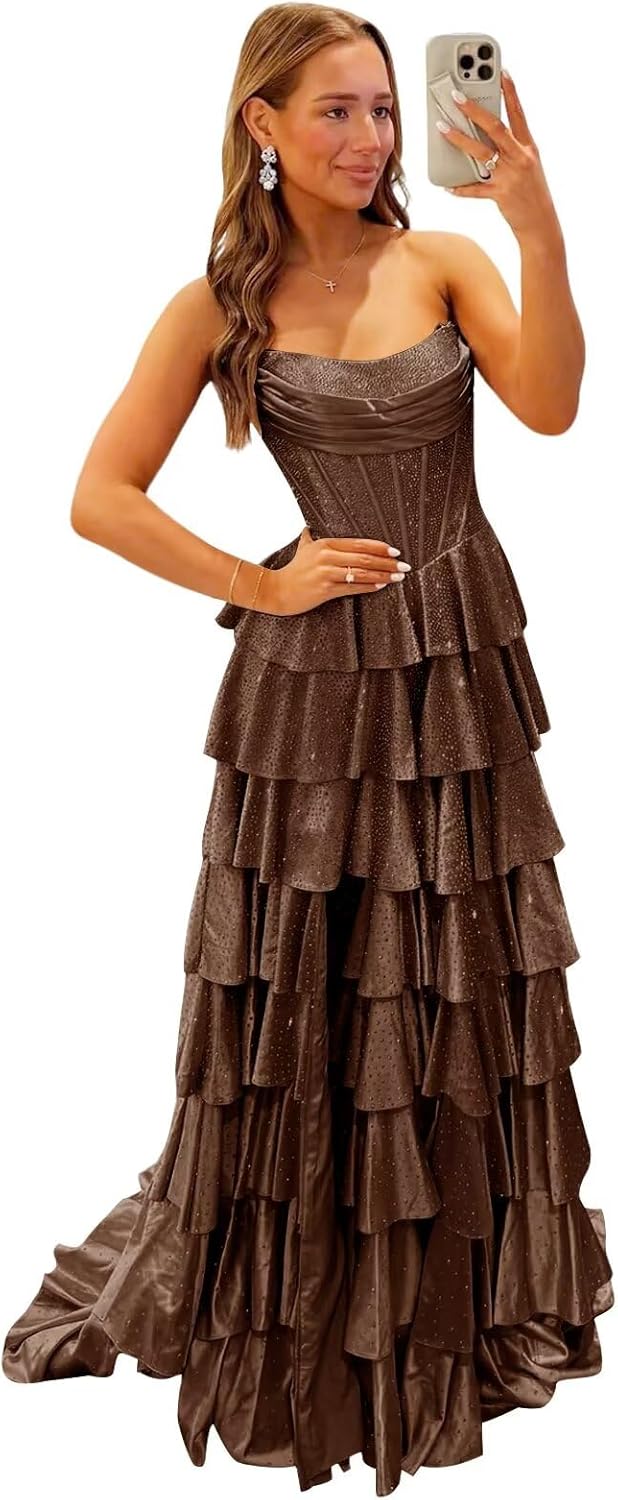 Strapless Sequin Prom Dresses 2026 Sparkly Tiered Corset Open Back Formal Evening Party Gown with Slit