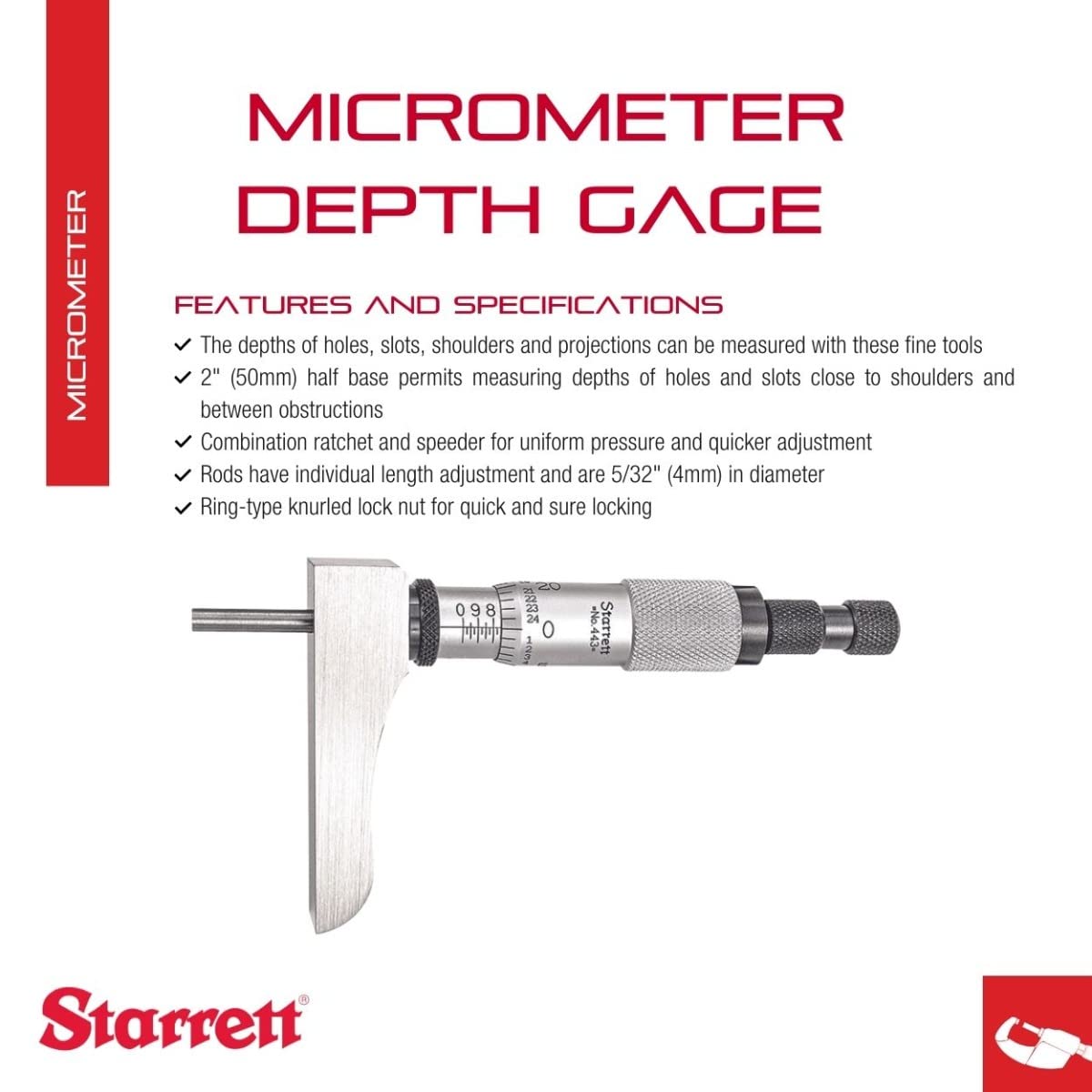 Starrett 443z-6rl Vernier głębokościomierz z półcokołem, typ 0-15,2 cm, stopień 0 cm, dokładność +/-0,0001 "