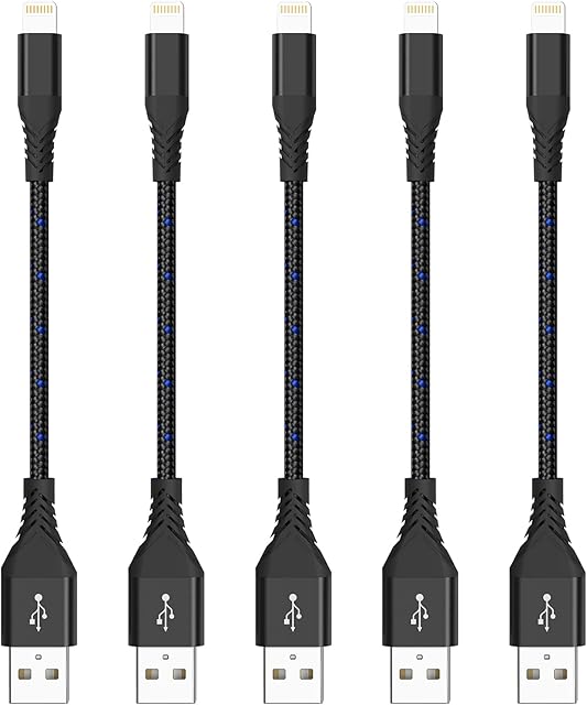 ADILIFT Short Charger Cable, [5-Pack 20cm] Lightning Charging Cable 0.2m Nylon Braided Cord Lead USB Fast Charging Cord Compatible with iPhone 11 Pro Max Xs X XR 8 7 6s 6 plus SE 5s etc.