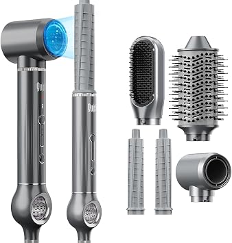 Quico 5 in 1 Blow Dryer Brush Set, Hot Hair Styler with Rotating Hair Dryer Brush, Auto Air Curler, Oval Brush, Curling Wand Set with Air Filter, Multi Styler Hair Tool, No Heat Damage