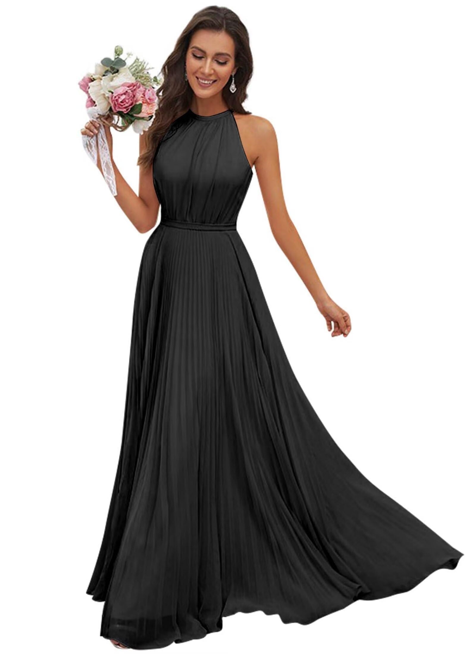 JAEDEN Abendkleid Damen Lang Elegant für Hochzeit Neckholder Brautjungfernkleider Chiffon Festliches Party Kleid Schwarz 52