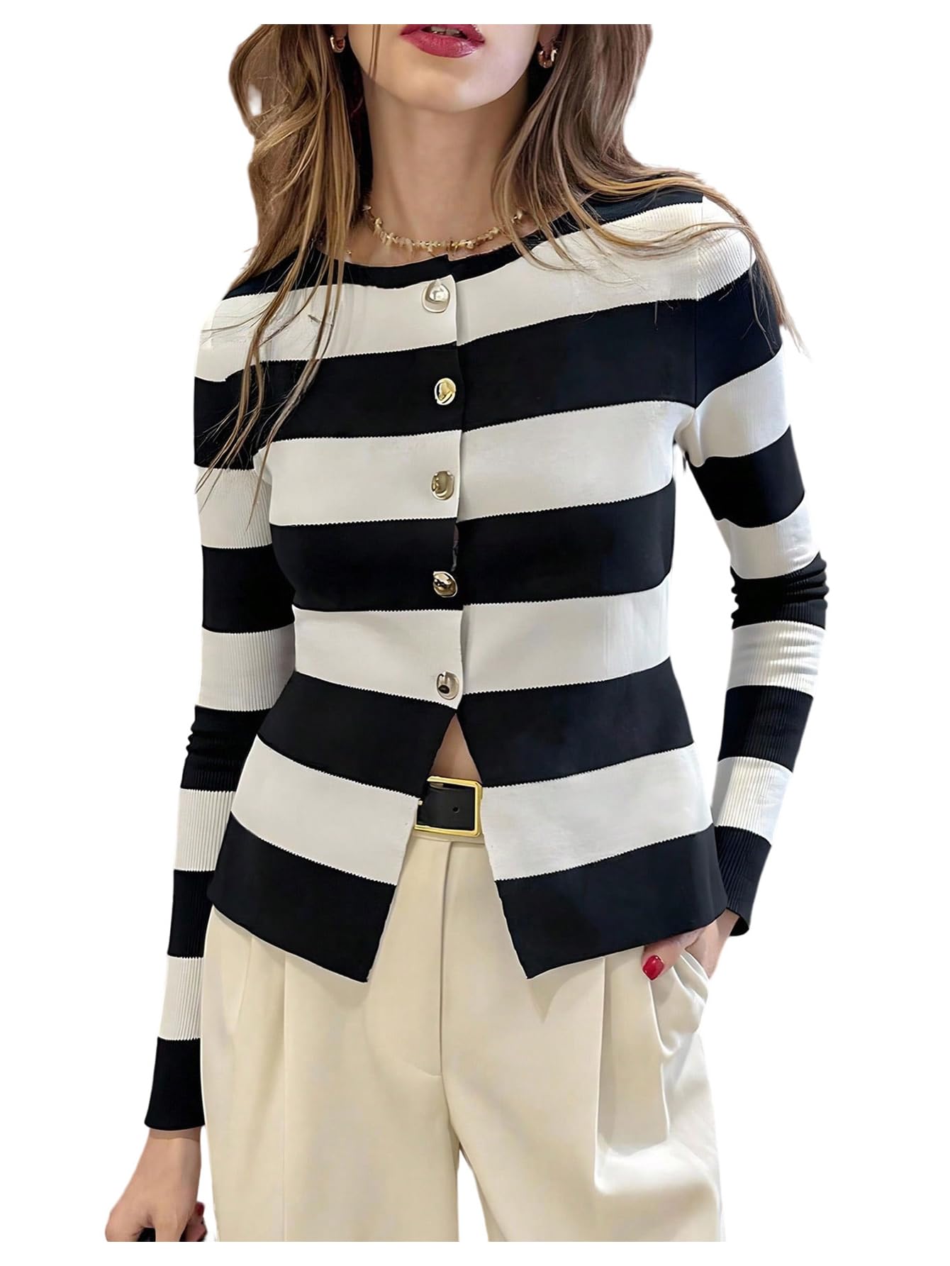 GORGLITTER Womens Color Block Striped Cardigan Split Long Sleeve Crew Neck Sweater Business Casual Outfits