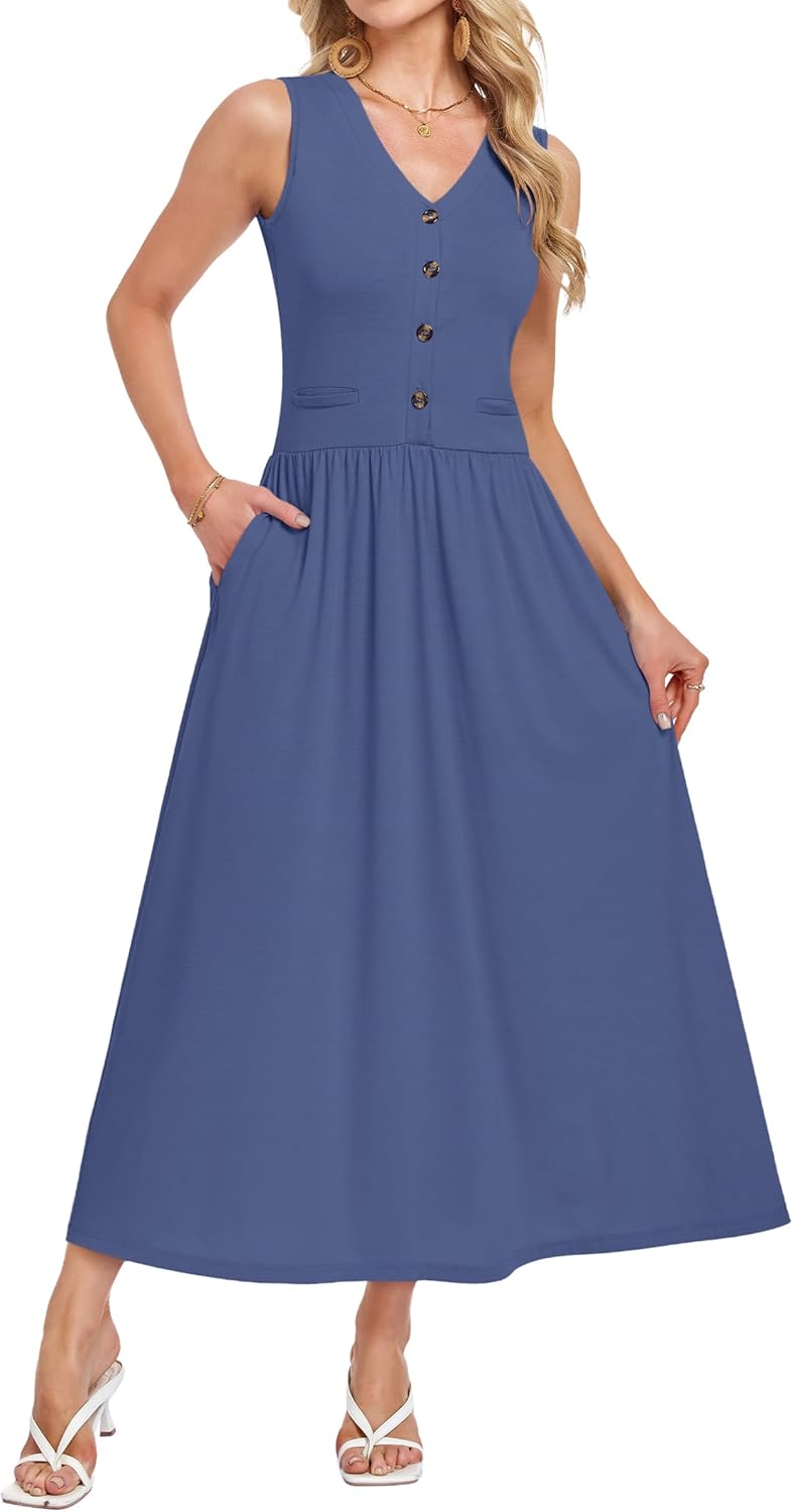 MOLERANI Women Summer Maxi Dress 2026 Casual Sleeveless Vacation Dresses V Neck Elegant Flowy Sundress with Pockets