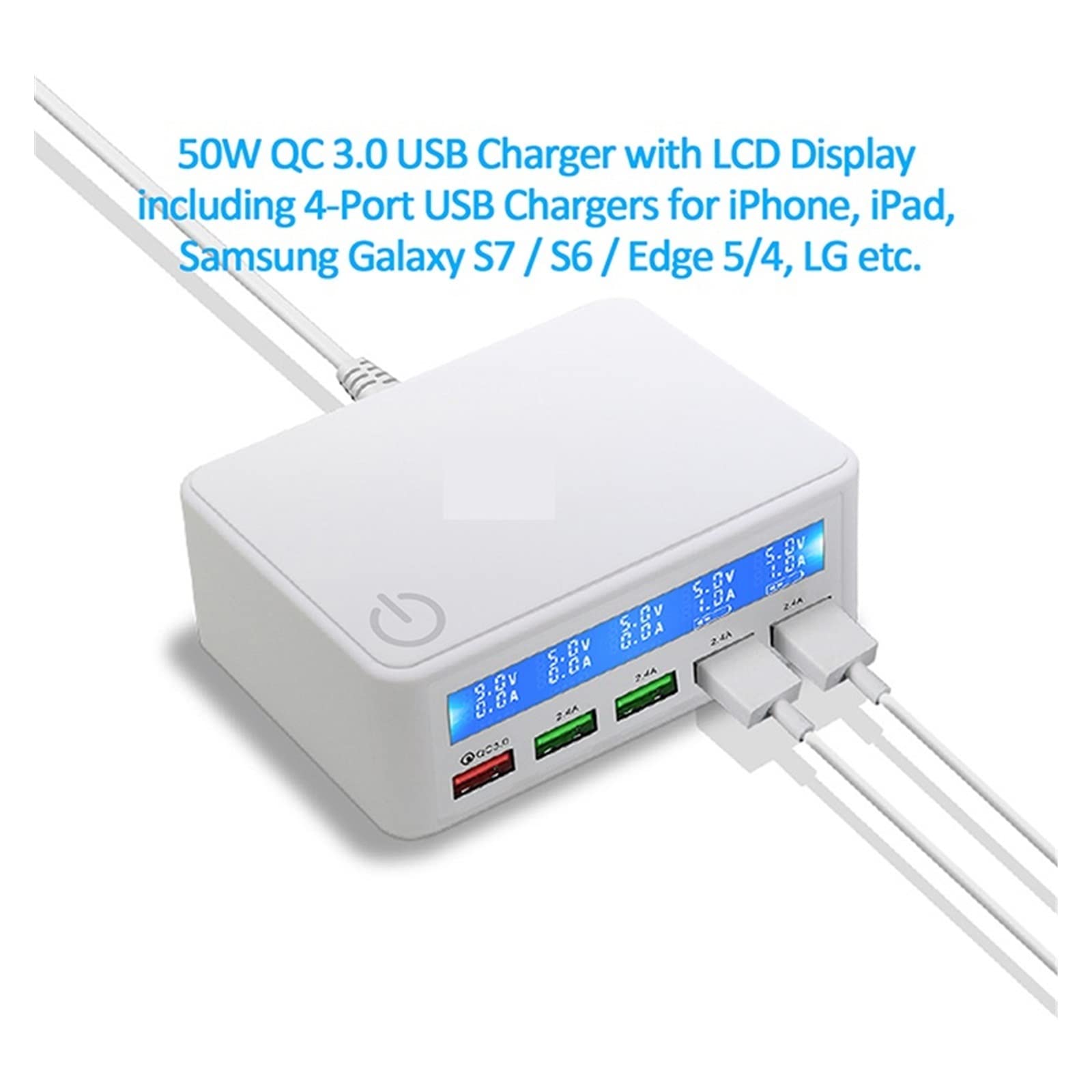 Wielofunkcyjna ładowarka USB, Stacja szybkiej ładowarki USB o mocy 50 W, szybkie ładowanie Port QC3.0,5 USB A ekran włączania/wyłączania ładowarka bezpieczeństwa do tabletu z telefonem