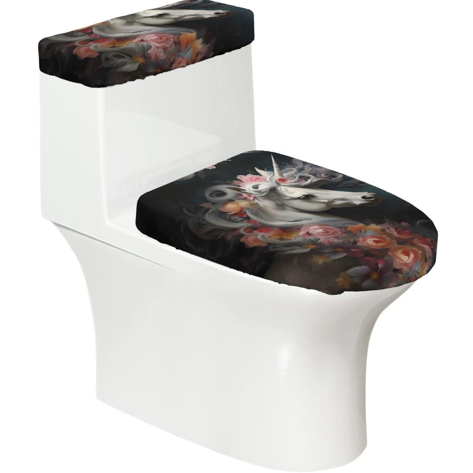 Mrowyc Black Pretty Dress Up Unicorns Printed Toilet Seat Set - Set Of 2 - Universal Toilet Seat Cover - Housewarming Birthday Christmas Gift