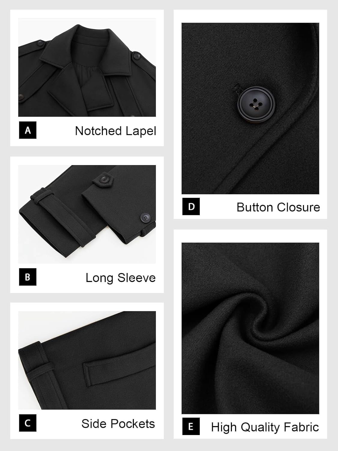 Close-Up Details of the Tankaneo Cropped Wool Blend Pea Coat