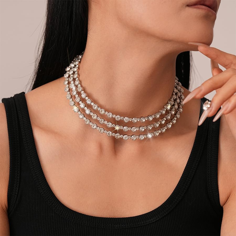 Rhinestone Choker Necklace for Women Sparkly Crystal Layer Choker Necklace Elegant Prom Bridal Wedding Jewelry - Image 3