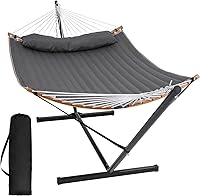SUNCREAT Double Hammock with Stand - 450 lbs Capacity, Curved Spreader Bar, Balance Ropes, Portable 2-Person Gray Hammock