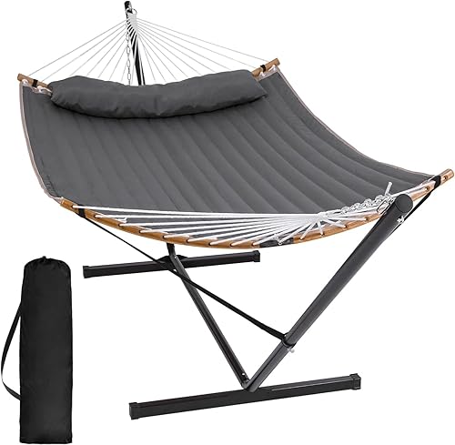 SUNCREAT Hamaca portátil doble con soporte, hamaca para 2 personas con barra separadora curva, cuerdas de equilibrio incluidas, gris oscuro