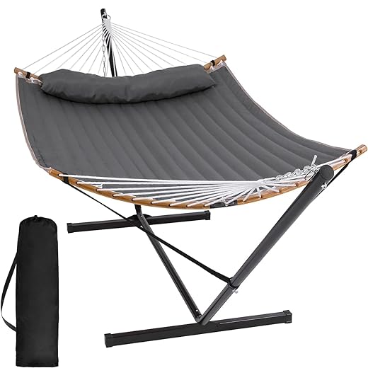 SUNCREAT Portable Hammock with Stand Included, Double Hammock with Curved Spreader Bar, Dark Gray