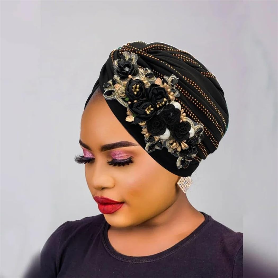 Women's Diamonds Flower Turban Cap African Headwrap Nigeria Wedding Party Headwear Female Twisted Hat