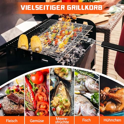 Grillkorb Edelstahl mit Holzgriff - 32 * 22.5 * 4cm Große Edelstahl-Grillkorb für Camping & BBQ, Faltbare BBQ Grill Mesh Klemme mit Oxford-Tasche Tragbarer Fischgrillgitter für Fisch, Gemüse, Garnelen