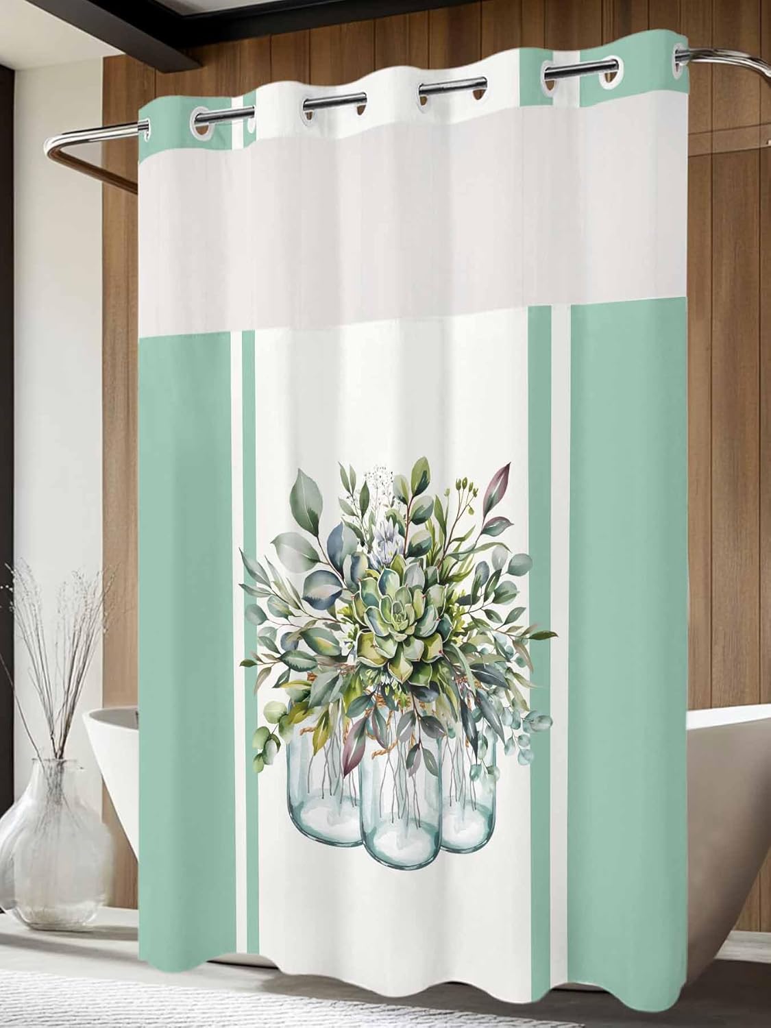No Hook Shower Curtain and Snap in Liner Set, Sage Green Eucalyptus Leaves Fabric Bathroom Shower Curtains 60x72, See Through Mesh Top Window, Spring Summer Floral Botanical Flowers Hotel Style
