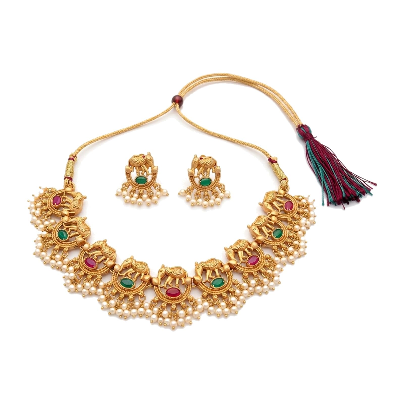 Traditional Temple Jewelry Set for Women | Gold Plated Kundan Choker Necklace with Matching Earrings | South Indian Bridal Pearl Necklace Set | Ethnic Wedding Jewelry for Saree & Lehenga-image-31