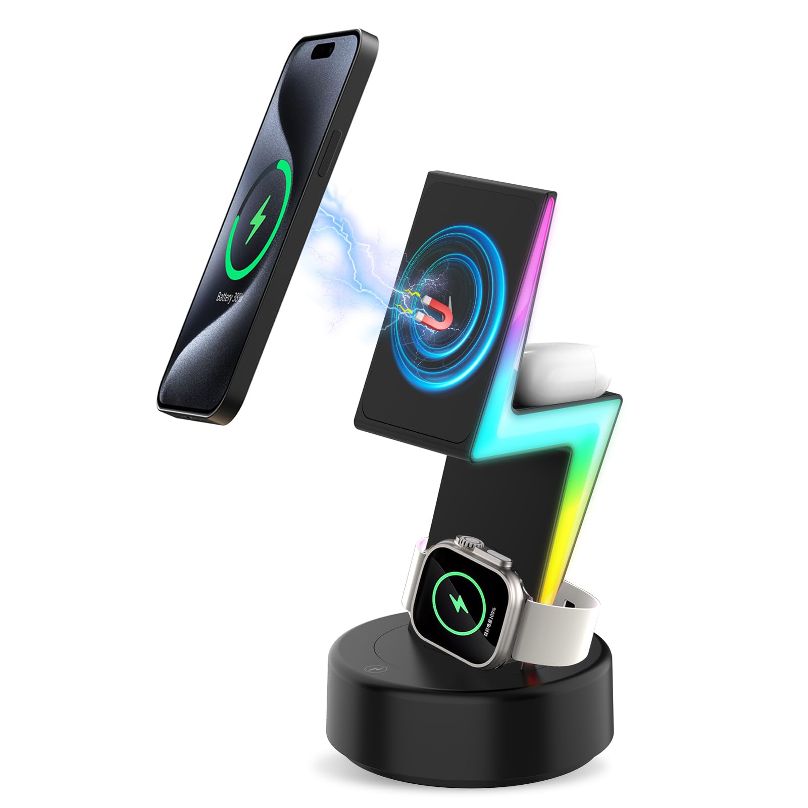 CHJGLNL Wireless Charging Station with LED Night Light, 3 in 1 Wireless Charger Stand Mage-Safe Charger for iPhone 15 14 13 12 Pro Max/Plus/Pro Apple Watch AirPods
