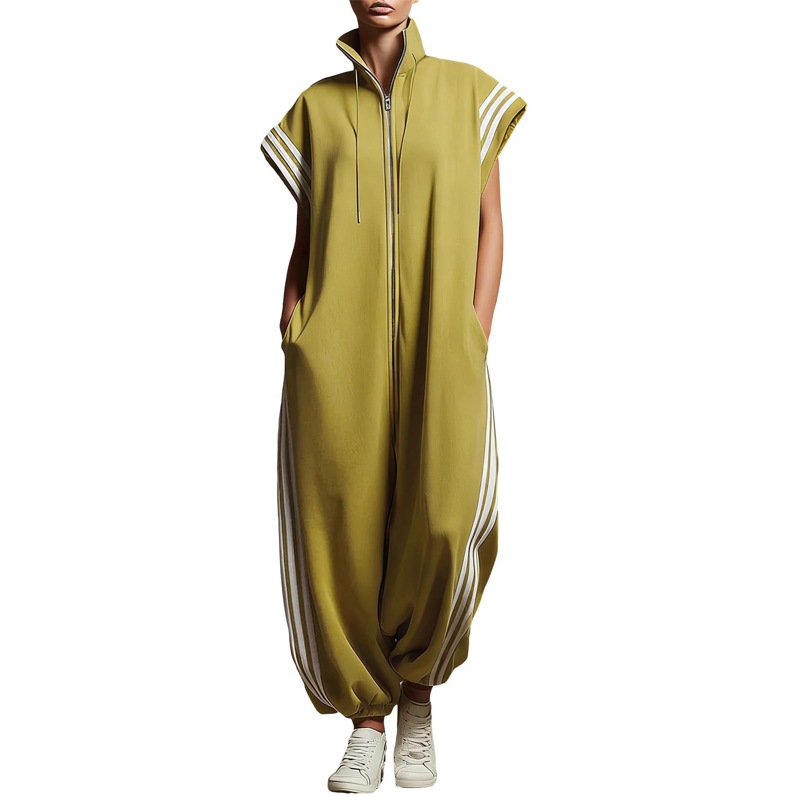 Tute da donna Uk Manica Corta Tutine Allentate Estate Casual Zip Up Salopette da donna Elegante Tutina monopezzo Tuta a gamba larga Pantaloni Joggers Vacanza Streetwear Vacanza Uscire