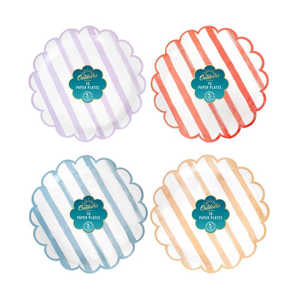 Yöl Yellow, Blue, Lilac, Terracotta Pack Of 20 Scallop Edge Paper Plates Striped Red Lilac Blue Terracotta Summer Dining Picnic Party Bbq