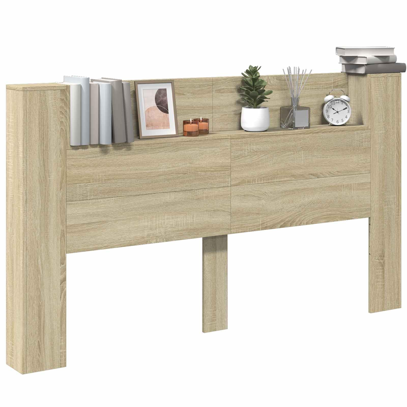 Cabecero de Cama de 180 cm, Camas con Mesitas y Luces, Cabezal con Contenedor, Cabecero Cama con Librería, Doble o Individual, Roble Sonoma