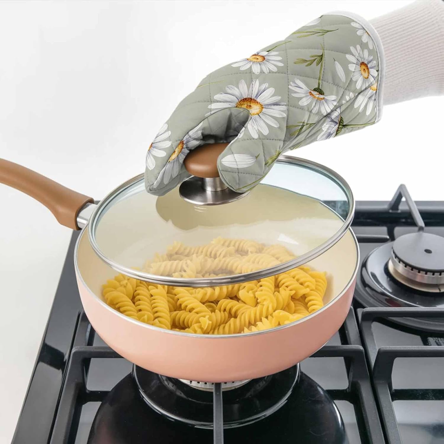 耐熱ミトン 花柄 葉 水彩 ミニデイジー ミトン&middot;鍋敷2点セット 耐熱グローブ オーブングローブ やけど防止 滑り止め キッチンおー