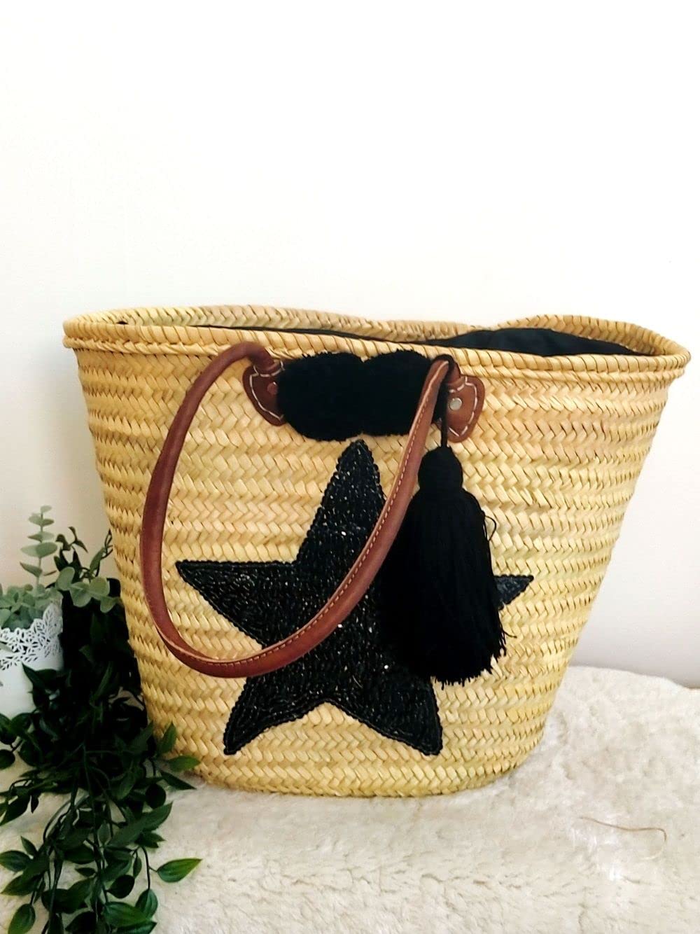 Panier de plage, Panier de plage en osier, Sac de plage brodé d'une étoile noire