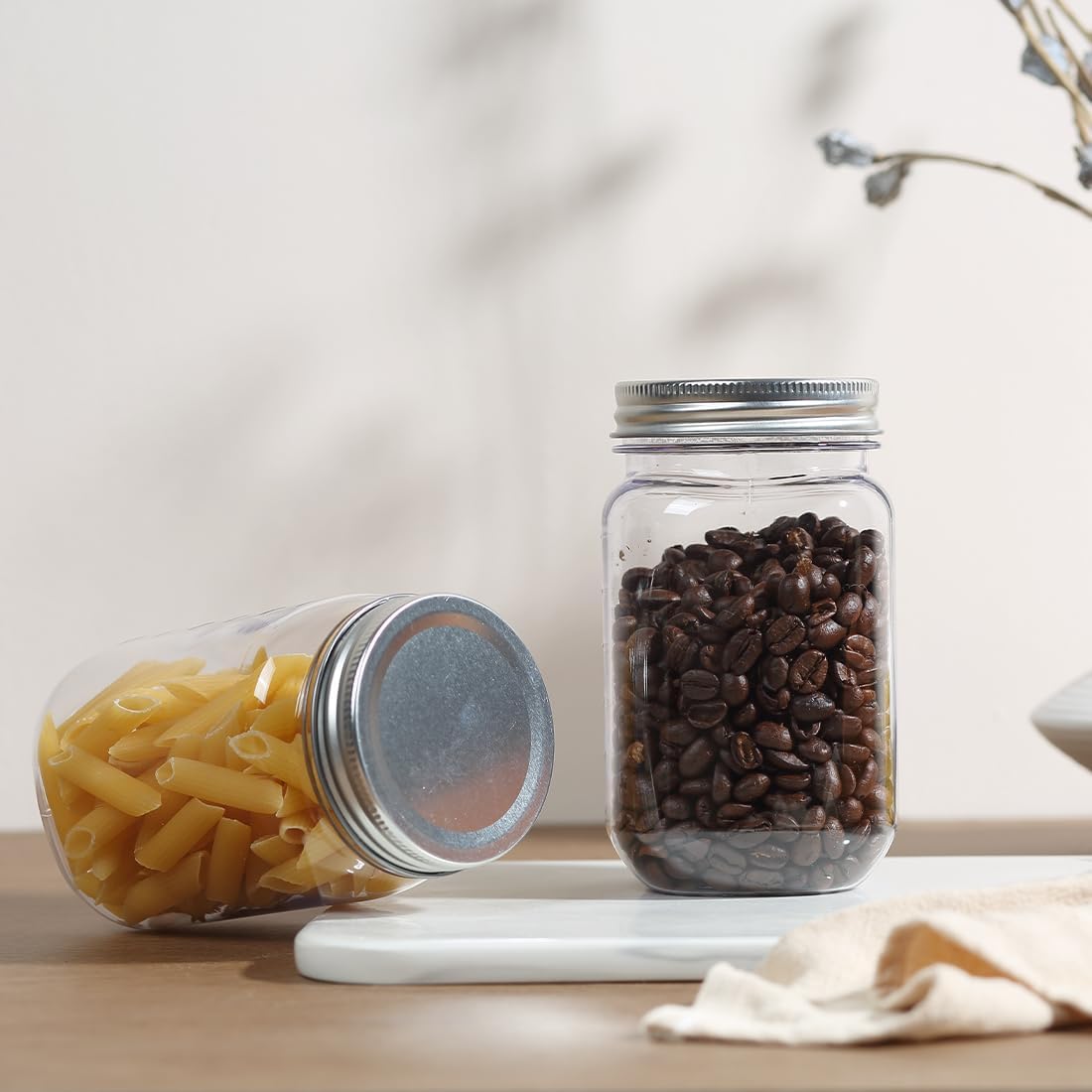 16 OZ Mason Jars Plastic Clear Storage Containers with Lids Empty Refillable Airtight Container for Home Kitchen (Silver, 24 Pack)