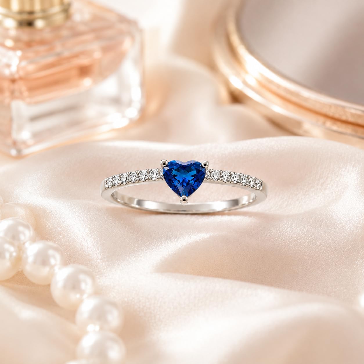 Blue Heart Ring for Women, Heart Shaped Cubic Zirconia Promise Ring, Stainless Steel Pavé Band Jewelry, Sapphire Color Gift for Mom Wife Anniversary Birthday