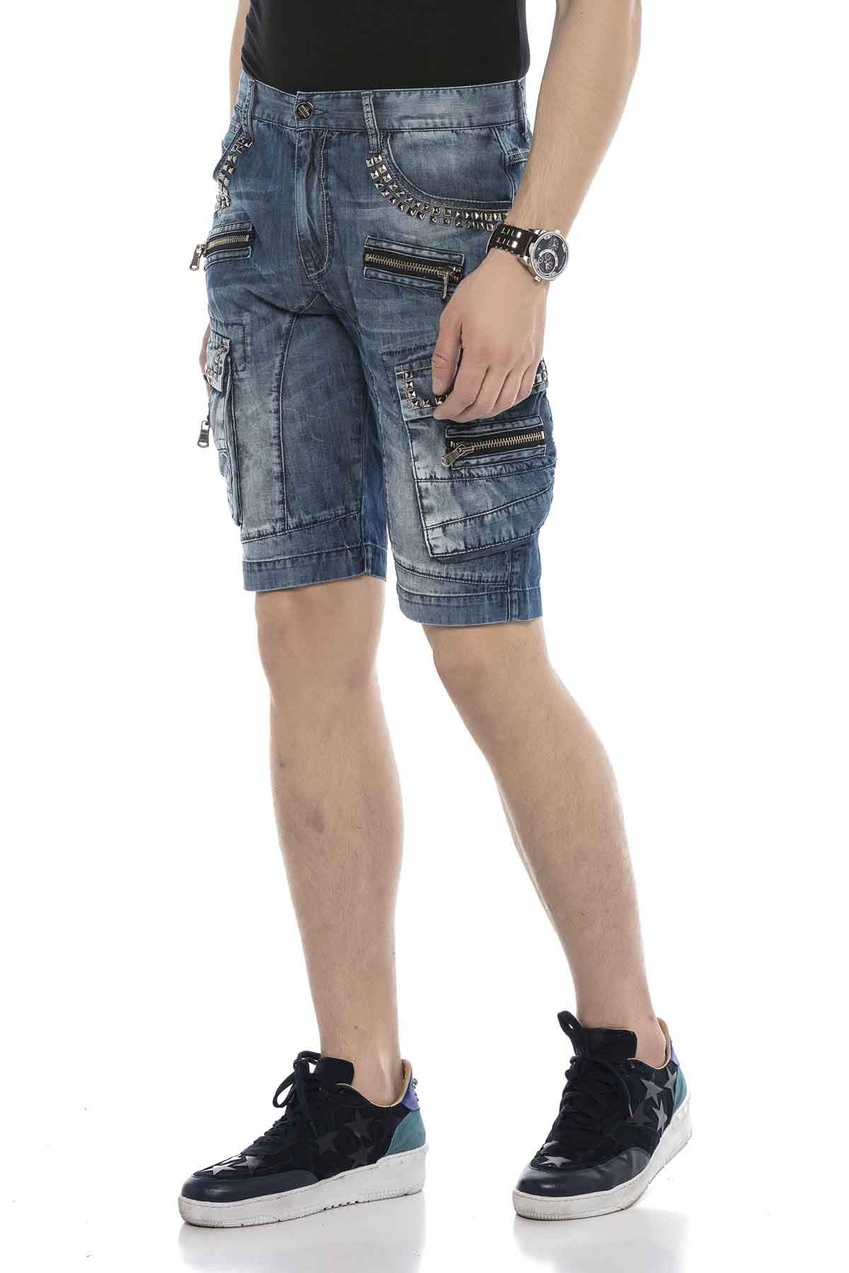 Cipo & Baxx Herren Jeans-Shorts Denim Freizeithose Kurze Hose Reißverschluss Kunstleder Bermuda CK259