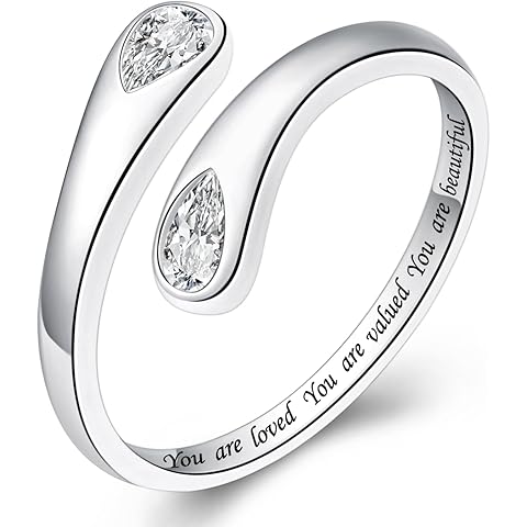 Thumb Rings for Women - 925 Sterling Silver Birthstone Open Teardrop Encouragement Adjustable Ring Women Gifts for Teens Mom Birthday Mother's Day St Patricks Day