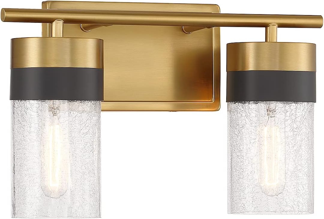 Savoy House 8-3600-2-322 Brickell Vintage Crackled Glass Bathroom Vanity Wall Light, 2-Light 120 Total Watts, 9" H x 14" W, Warm Brass