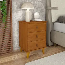 Mesa de Cabeceira Grécia com 3 Gavetas e Puxadores de Couro (Cedro)