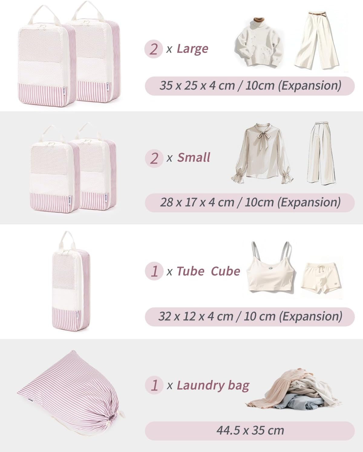 Narwey 6 Set Compression Packing Cubes for Backpack and Suitcases, Stripe Travel Organiser Packing Bags for Carry on Hand Luggage Travel Essentials Bag for Women and Girls (Dusty Pink Stripe) image 5