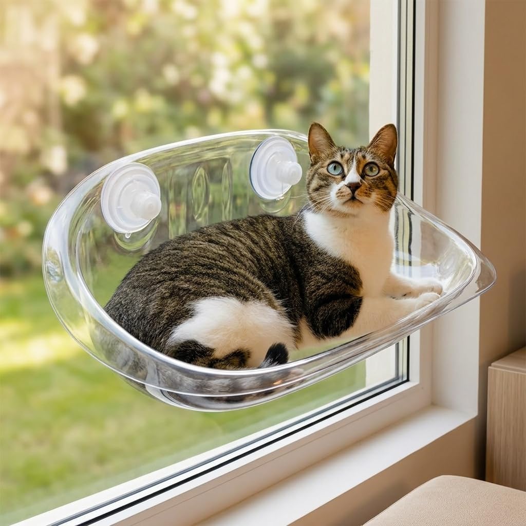 Fensterliege Katze groß, Katzenhängematte Fenster mit Saugnapf, 50x30.5cm Katzenliege für Wohnungskatzen, waschbar bis 5.44kg, Transparent