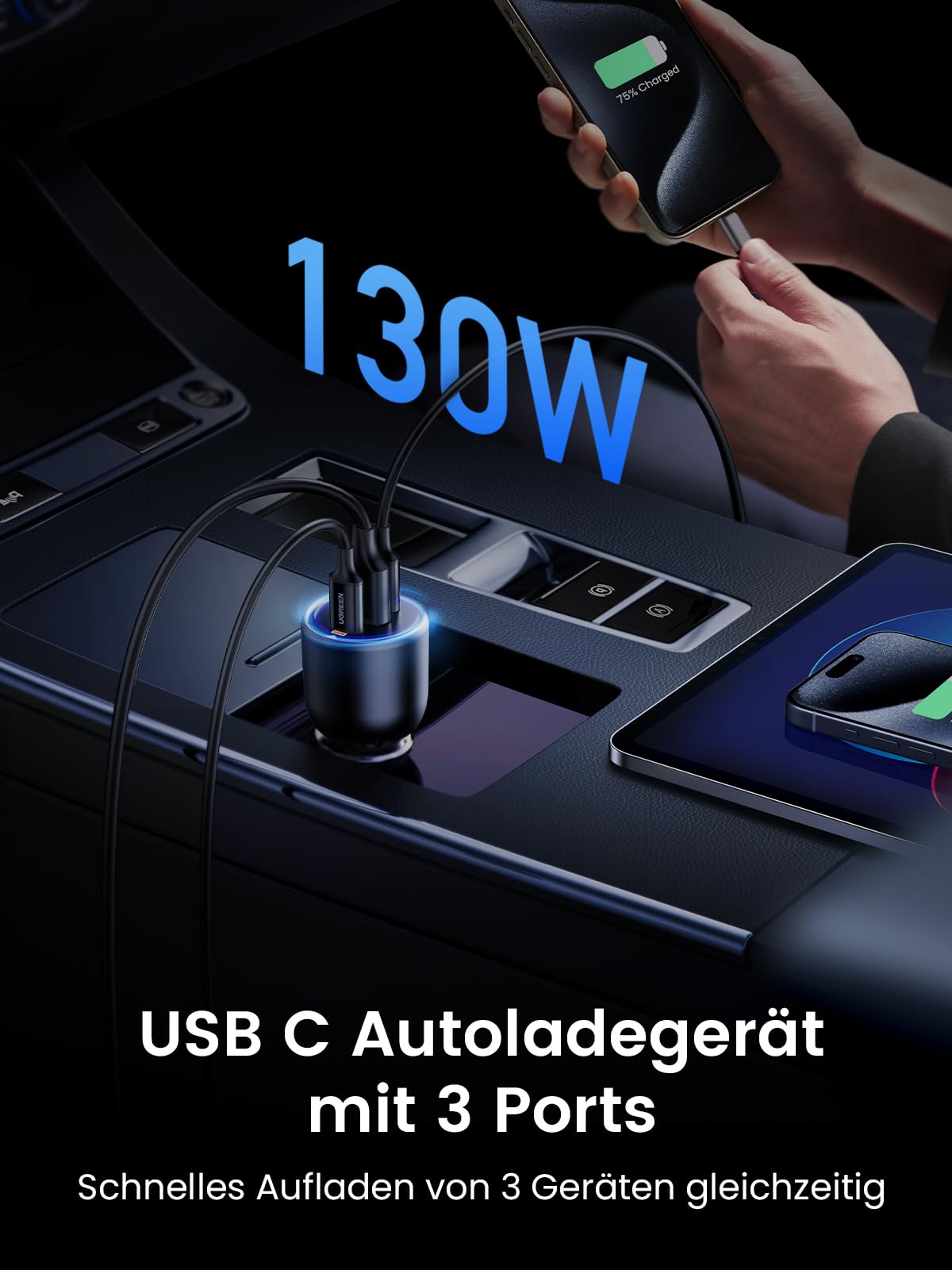 UGREEN 130W Zigarettenanzünder Schnellladen USB C 100W & 30W PD/QC Auto Ladegerät 3-Port 12V-24V KfZ Zubehör für MacBook Pro, iPhone 17/17Pro/17Pro Max/17 Air/16-12, iPad, Galaxy S25/S24