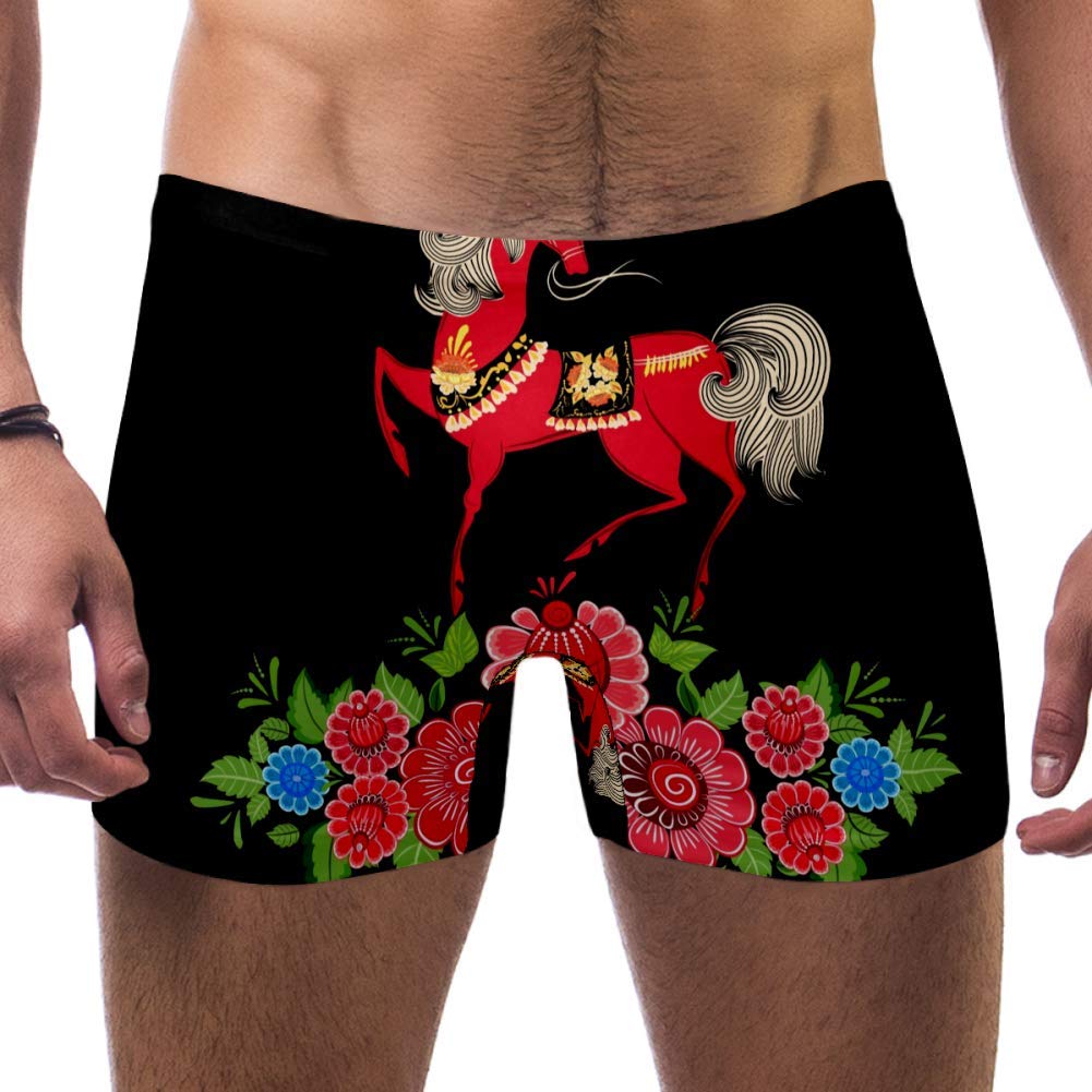 Arabian Horse Flowers Men Swim Boxer Briefs Short Square Leg Swimsuit Quick Dry Swimwear,S