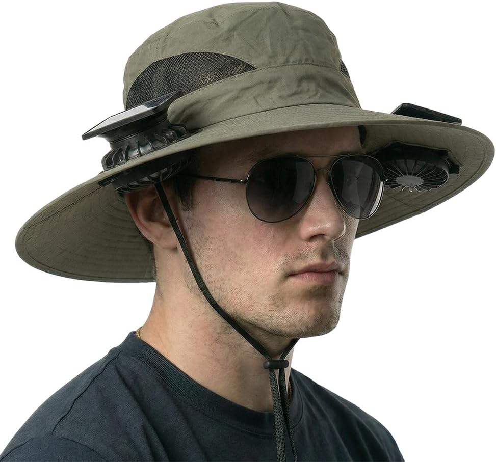 Solar Fan Hat with 2 Solar Fan,Wide Brim Outdoor Fishing Hat USB Charging for Men Women UPF 50+