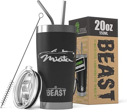 2009-14 Miata Sports Car BEAST Vaso aislado de acero inoxidable de 20 onzas con tapa, 2 pajillas, cepillo y caja de regalo, color negro