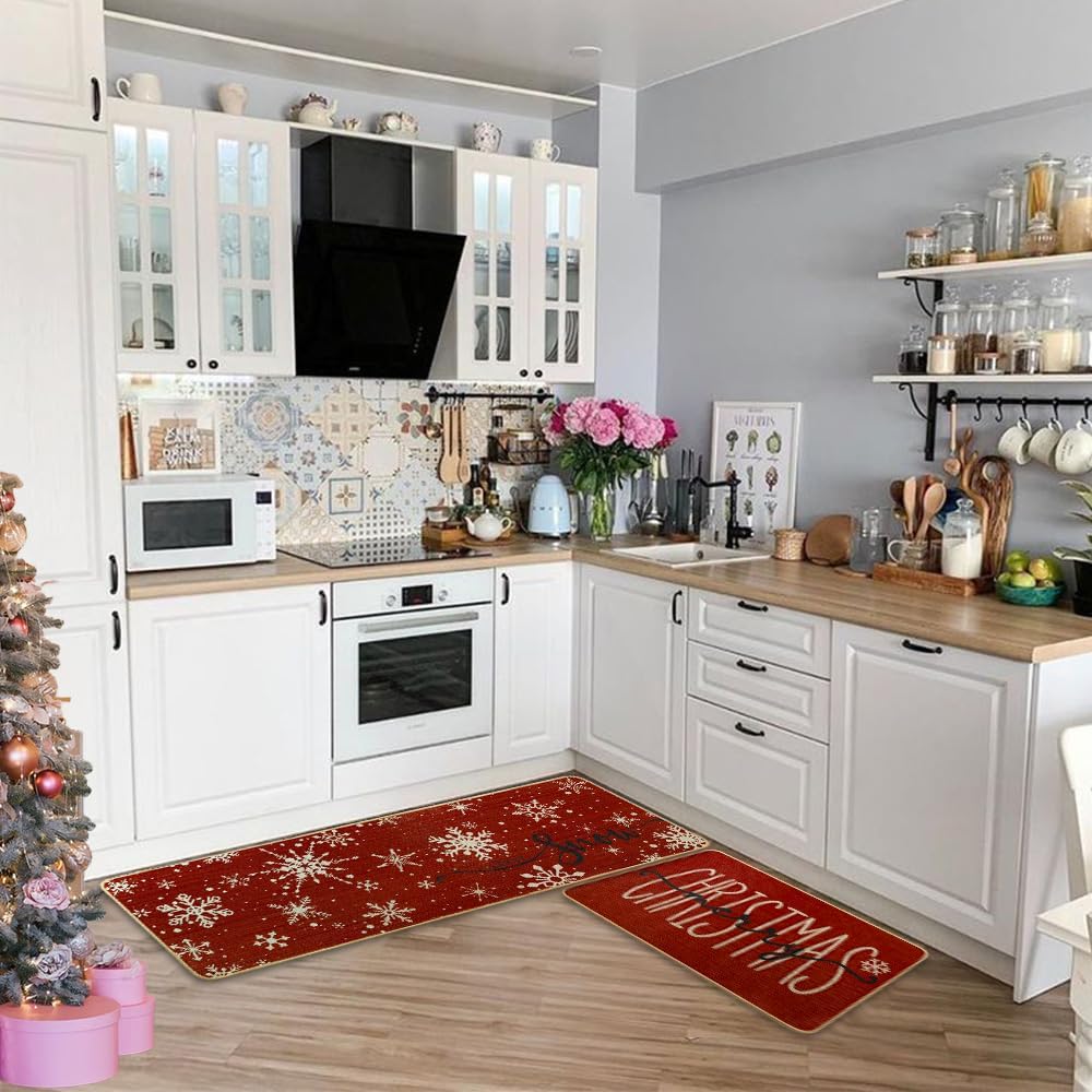 Snowflake Christmas Kitchen Mats Set of 2, Red Merry Christmas Let It Snow Winter Holiday Home Decor Kitchen Rugs for Floor 17x29 and 17x47 Inch
