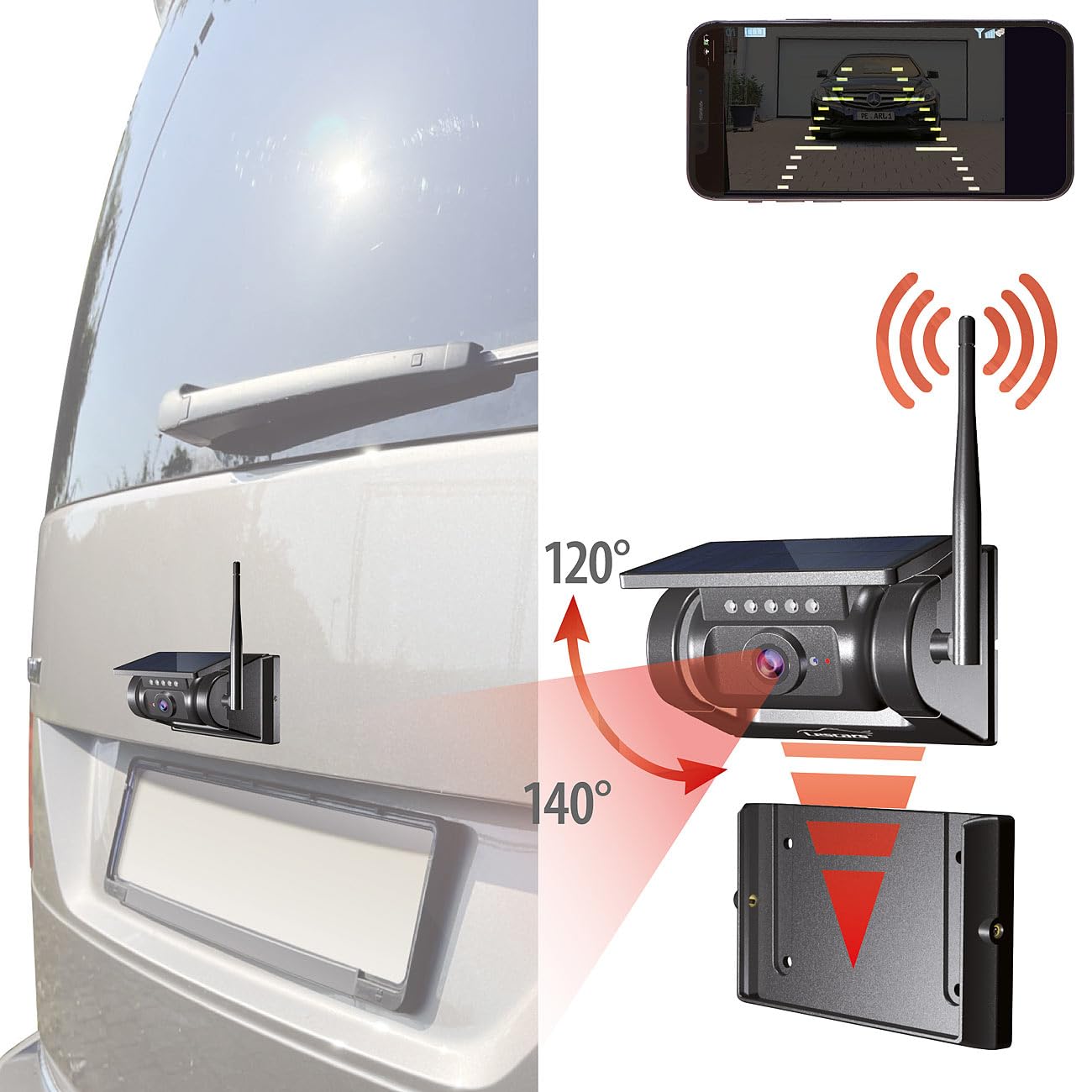 Lescars Auto Kamera: Autarke WLAN-Solar-HD-Rückfahrkamera, Akku, magnetisch, IR-Nachtsicht (Solar Rückfahrkameras, Handy, IP)