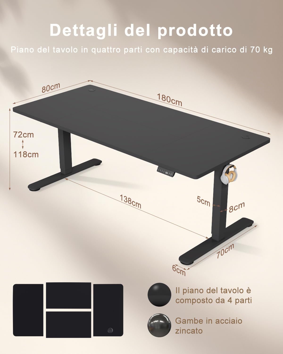 TRIUMPHKEY Scrivania Elettrica Regolabile in Altezza,Scrivania Ufficio 180 x 80 cm,Presa USB, 3 Controllo Memoria, Altezza Regolabile, Anti-collisione, Tavolo da Computer