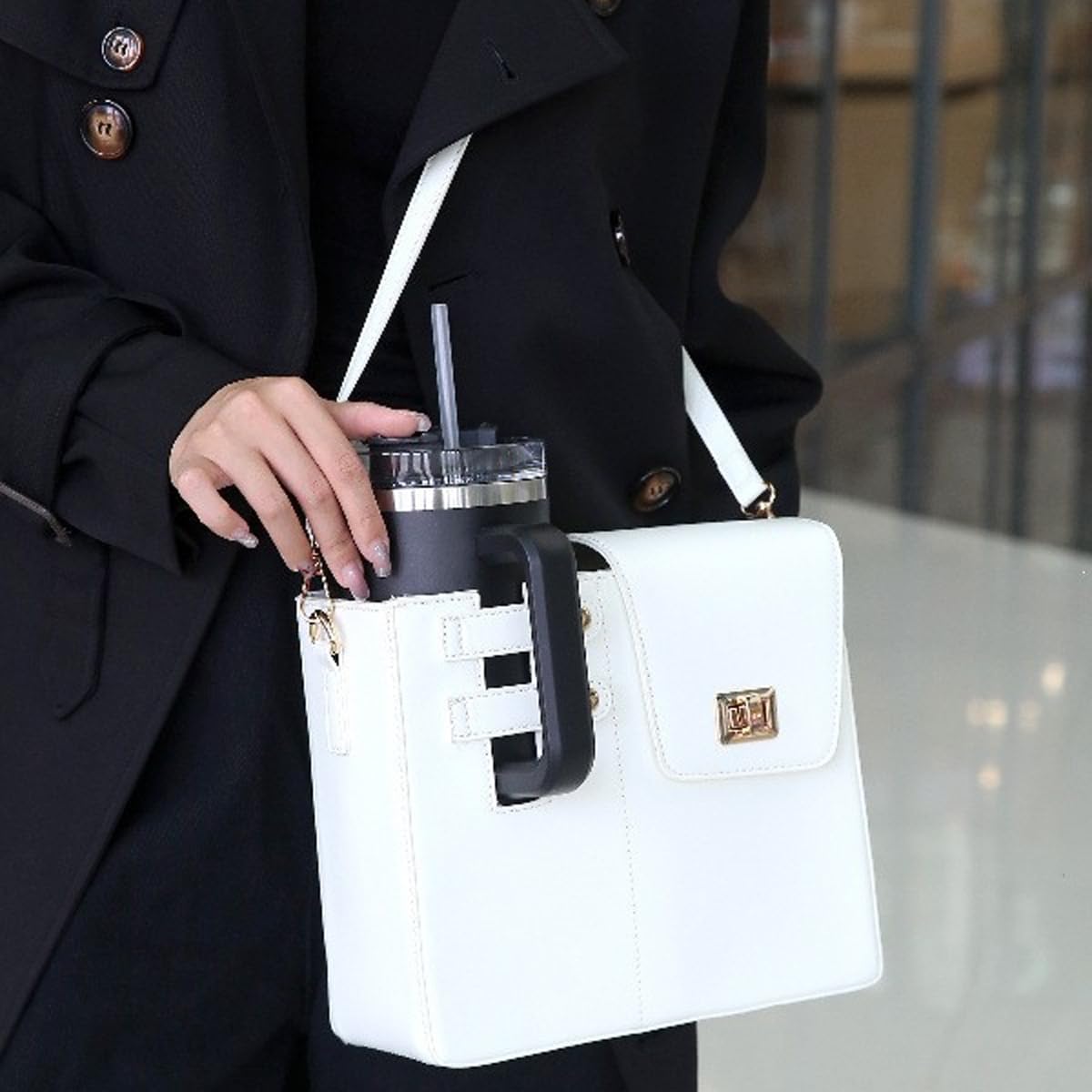Sac bandoulière pour porte-gobelet, sac pour bouteille d'eau, avec sangle réglable, pour voyage, pique-nique, usage quotidien, blanc