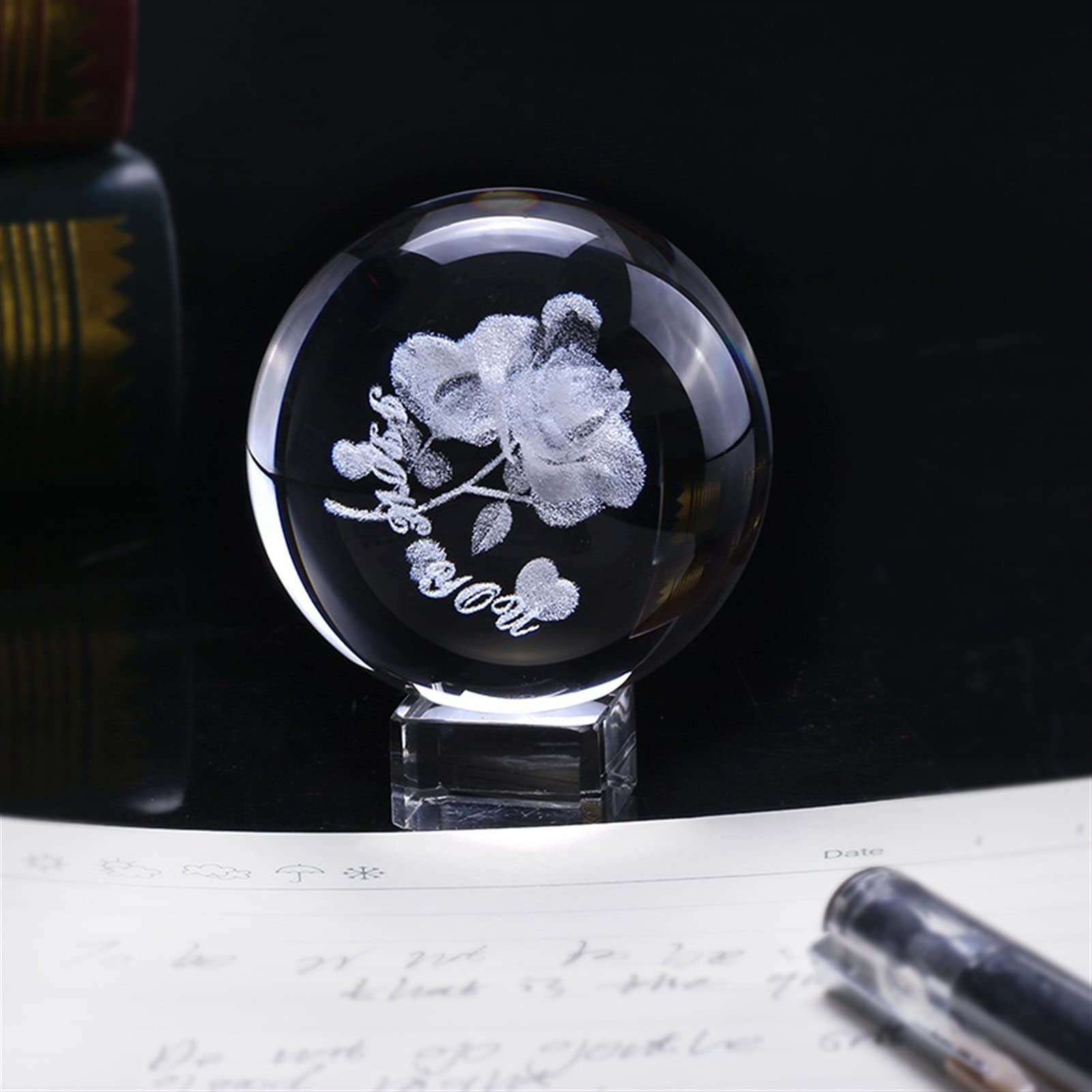 bola de cristal (en la magia occidental) 6cm Cristal Rose Ball 3D Miniatura Flor Esfera de vidrio Láser Grabado Globo Regalo Regalo de boda Ornamento Inicio Decro Día de San Valentín bola de cristal(W