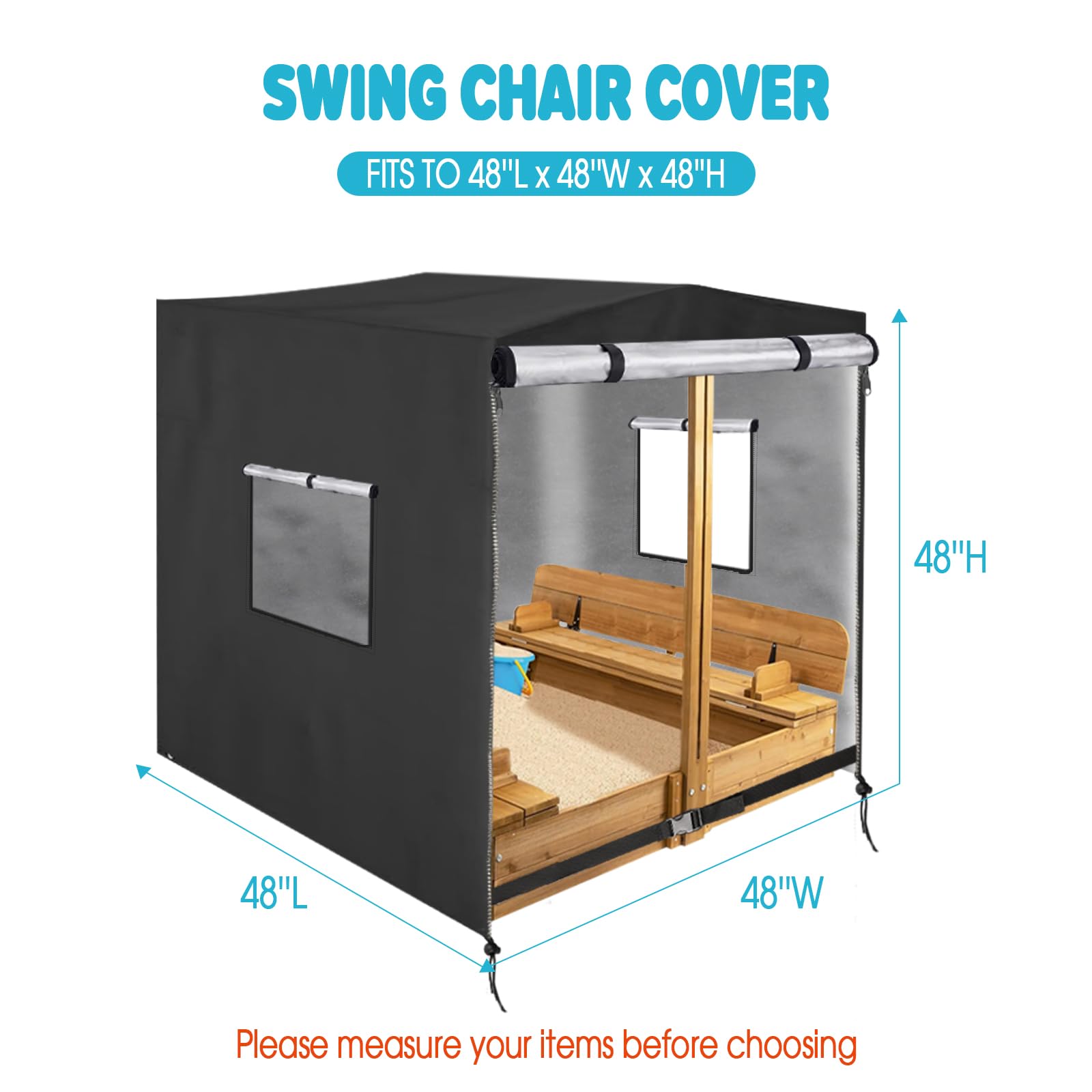 Housse de bac à sable (cube de 121,9 cm), housse imperméable pour bac à sable en bois 420D avec couvercle et banc pliable (noir)