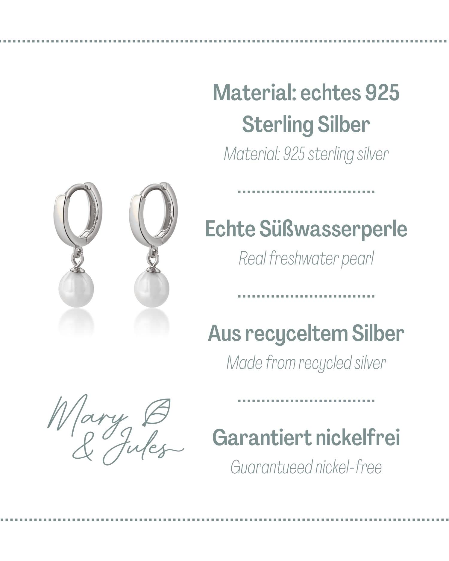 Mary & Jules Pendientes de perlas de plata de ley 925, pequeños pendientes de aro con colgante de perlas, pendientes de perlas de agua dulce, de plata reciclada, Plata de ley