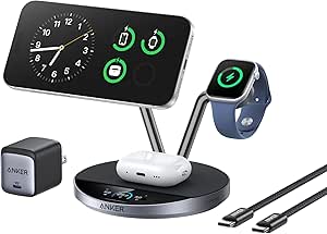 Anker Prime Wireless Charger Stand, Qi2 25W Certified 3-in-1 Wireless Charger, Smart Display with TEC Active Cooling, Dock Stand for iPhone 17, Apple Watch, AirPods, and More